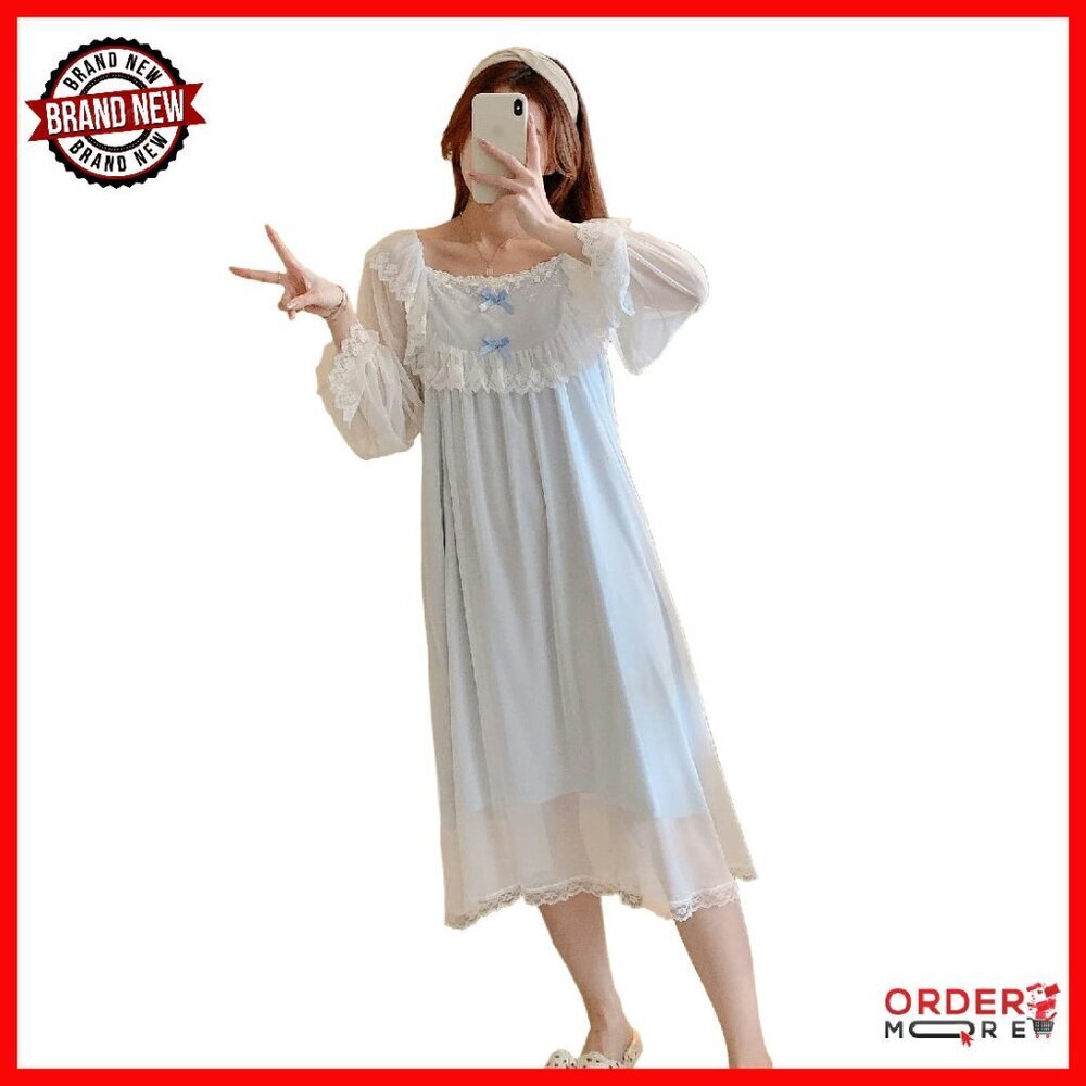 Vintage Lace Modal Nightgown Long Sleeve Ruffle Hem Sleepwear